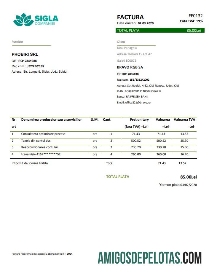 Para baixar modelo de fatura de serviços públicos com logotipo da empresa Romênia em formato Word e PDF